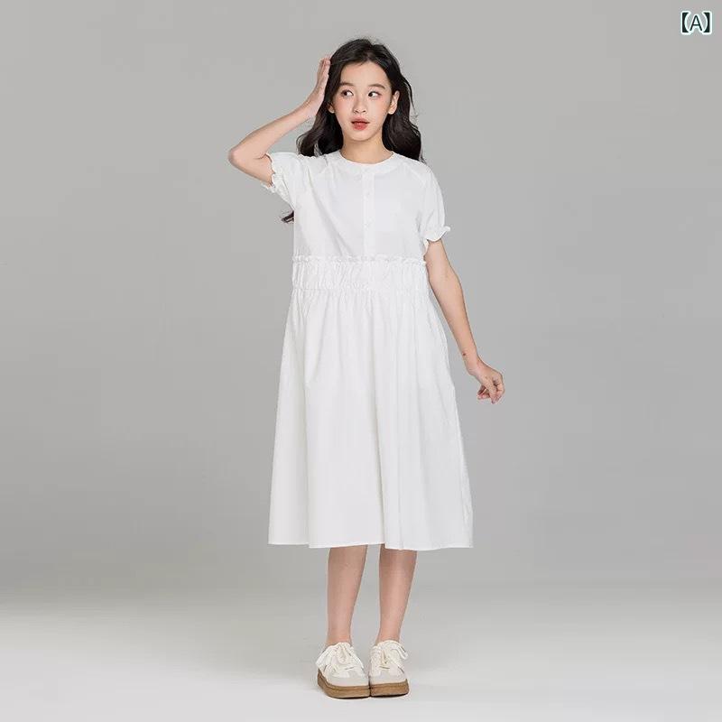 ワンピース 女の子 ガールズ ジュニア 春夏 韓国風 親子コーデ リンクコーデ 切り替え 半袖 Aライン コットン 白 ホワイト ナチュラル おしゃれ かわいい 上品