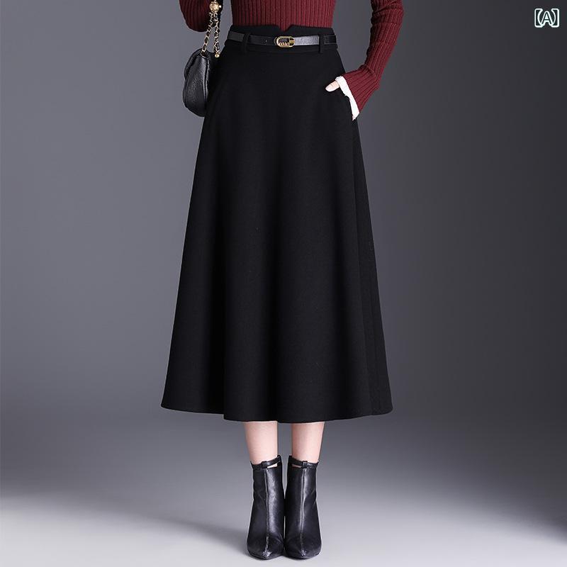 スカート レディース カシミヤタッチ ウール調 ポリエステル 秋冬 ミドル丈 ミモレ丈 プリーツ Aライン フレア ハイウエスト 切り替え 着痩せ スタイルアップ 通勤 オフィス きれいめ 上品 ブラック ブラウン系 微ストレッチ