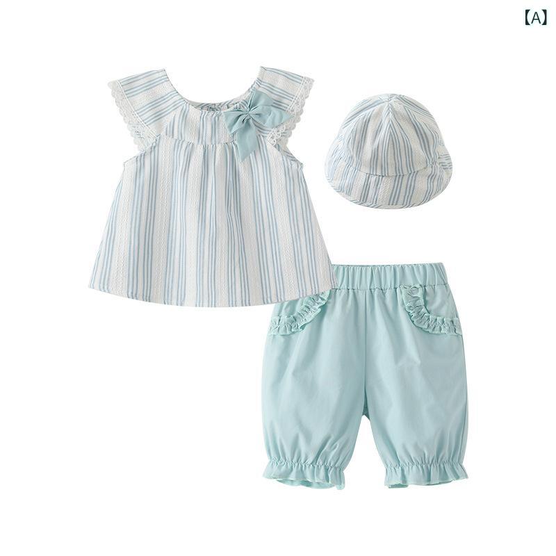 ベビー服 女の子 夏 ストライプ柄 ノースリーブ ショートパンツ 帽子付き スリーピース セットアップ 綿 コットン かわいい おしゃれ 薄手 涼しい 快適 お出かけ 普段使い A類安全基準 4,537円