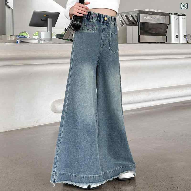 デニムパンツ ジーンズ キッズ 女の子 ガールズ ジュニア 春 韓国風 おしゃれ かわいい ワイド ゆったり ロング丈 カジュアル 普段使い 通学 綿素材 ソフト ウエストゴム