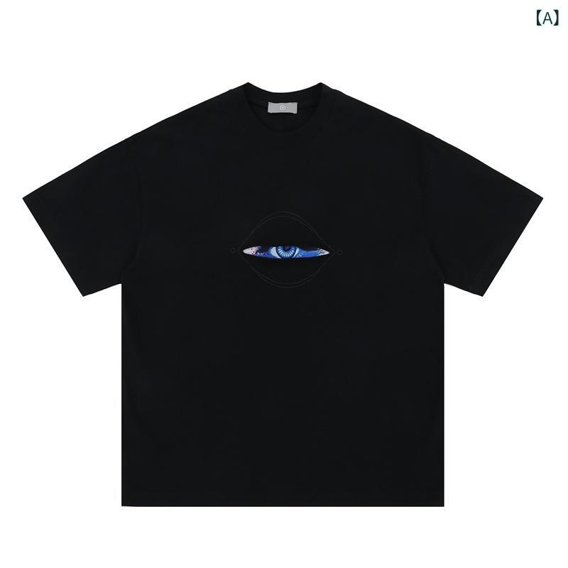 Tシャツ メンズ ユニセックス 春夏 全視眼 アイモチーフ レトロ ビンテージ ウォッシュ加工 ストリートカジュアル オーバーサイズ ドロップショルダー クルーネック 半袖 コットン トップス