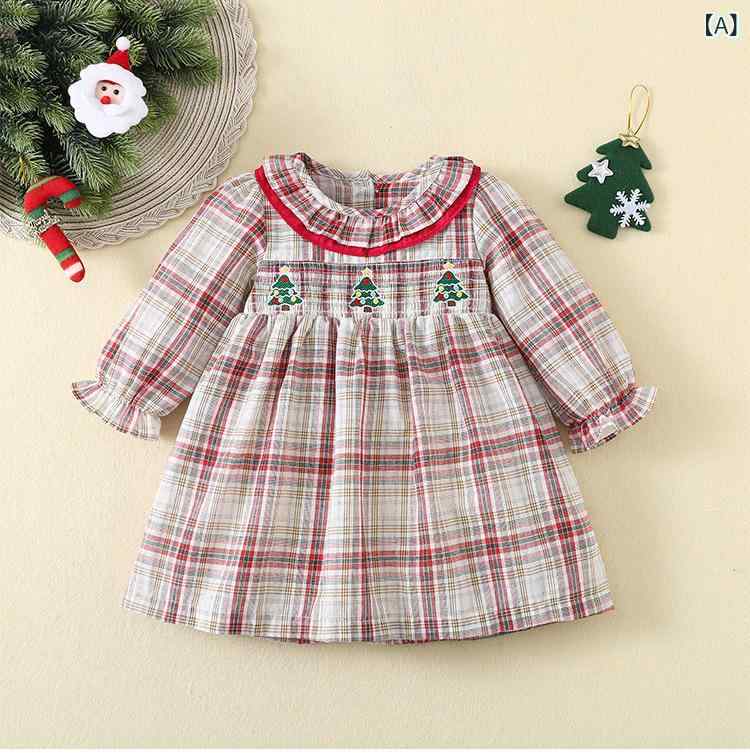 ワンピース ベビー 女の子 長袖 レッド チェック柄 刺繍 スモッキング プリンセス風 コットン Aライン 春秋 クリスマス お出かけ 普段使い