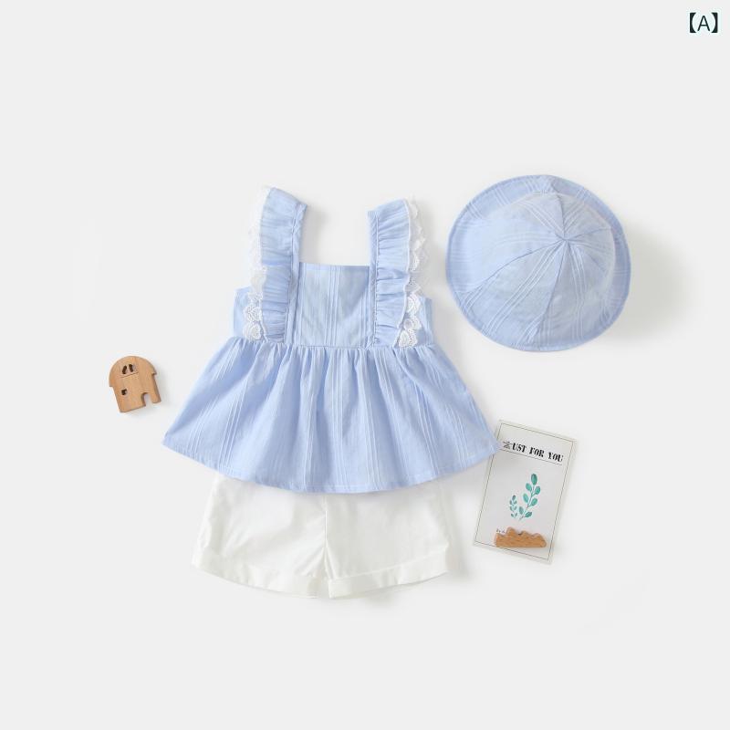 セットアップ 女の子 ベビー キッズ 夏 サマー 韓国風 かわいい おしゃれ パンツ 3点セット ノースリーブ 薄手 軽量 綿 ライトブルー おでかけ 普段着