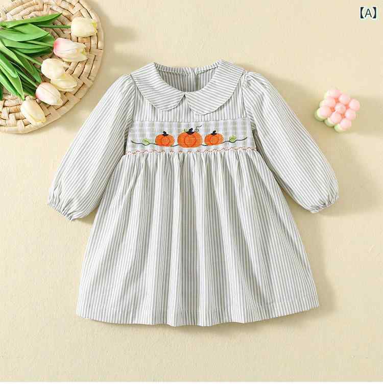 ワンピース 女の子 ベビー プリンセス スモッキング 刺繍 かぼちゃ ハロウィン 長袖 ストライプ コットン Aライン グリーン 春秋 お出かけ