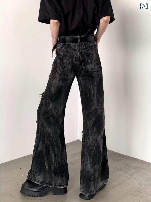 デニムパンツ ジーンズ メンズ アメリカン ハイストリート カジュアル セミフレア ハイウエスト スリムフィット 個性的なデザイン 高級感 微ストレッチ 普段使い イージーケア コットン素材 ブラック