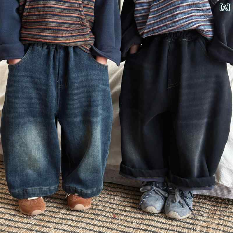 デニムパンツ キッズ 男の子 女の子 ユニセックス 裏起毛 厚手 冬用 ストレート テーパード 綿 コットン ハイウエスト ウエストゴム ブルー ブラック