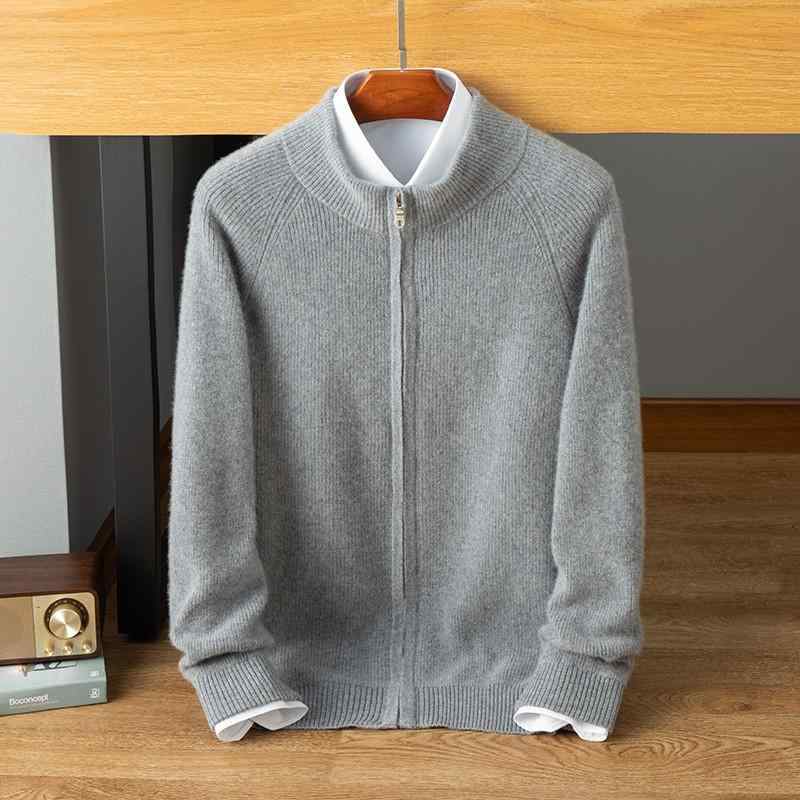 ニットカーディガン メンズ 男性用 秋冬 カシミヤ混 ウール ハーフジップ モックネック 厚手 暖か ゆったり ルーズフィット カジュアル デイリーユース ベージュ系 グレー系