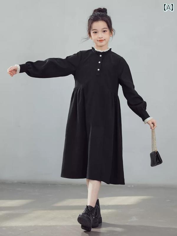 ワンピース 女の子 キッズ コーデュロイ レトロ ヴィンテージ ゆったり リラックスフィット ミディ丈 ミドル丈 切り替え 森ガール 秋 長袖 Aライン かわいい カジュアル 普段使い お出かけ 小学生 ジュニア ポリエステル素材 春秋
