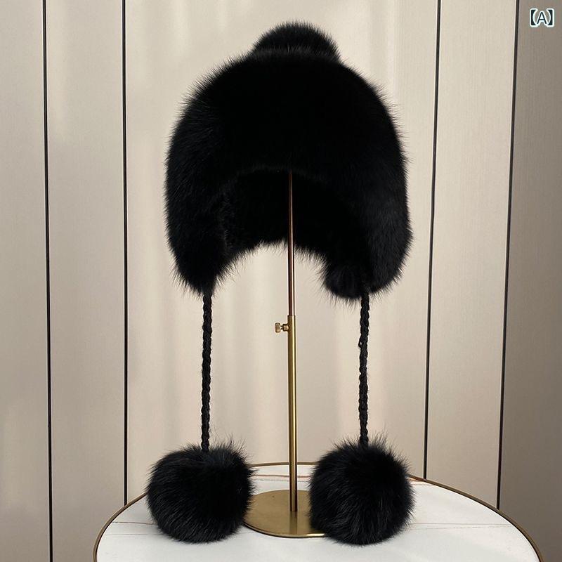 帽子 レディース ミンク フォックス セーブル 毛皮 耳あて ロシア帽 ポンポン付き かわいい おしゃれ 韓国ファッション あったか 上質 ふわふわ 普段使い 防寒 保温 冬