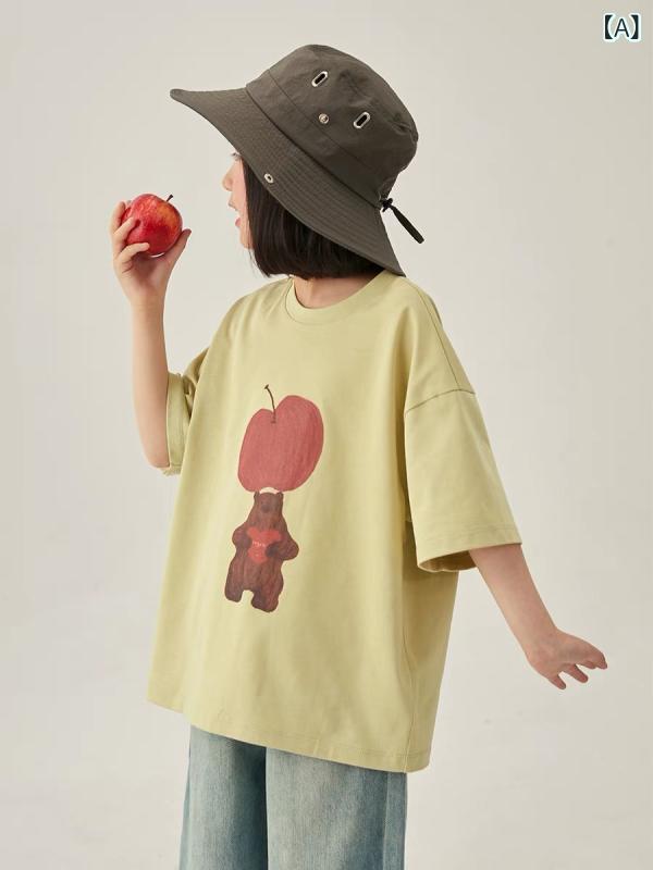 Tシャツ 女の子 子供 半袖 フルーツ柄 可愛らしいイラスト ゆったり 柔らかな肌触り 綿 クルーネック 吸汗速乾 夏 普段使い お出かけ カジュアル トップス