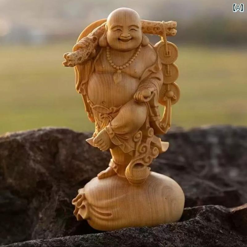 置物 崖柏 天然木 木彫り 手彫り 金貨背負い 弥勒仏像 笑い仏 ラッキーアイテム 開運招福 縁起物 中国風 モダン インテリア 玄関 リビング デスク飾り 癒し 10cm