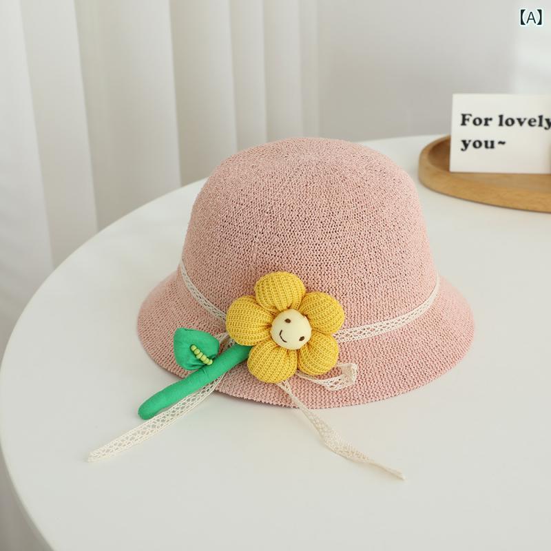 ストローハット キッズ 女の子 春夏 花飾り プリンセス風 つば広 バケットハット 日よけ UVカット 紫外線対策 ビーチ リゾート カジュアル かわいい 通気性