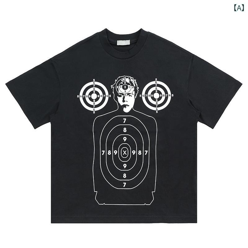 Tシャツ メンズ トレンド 個性的 ヒップホップ シューティングターゲット プリント 半袖 ゆったり ビッグシルエット クルーネック コットン カジュアル ストリートファッション 普段使い 春夏 ブラック ホワイト