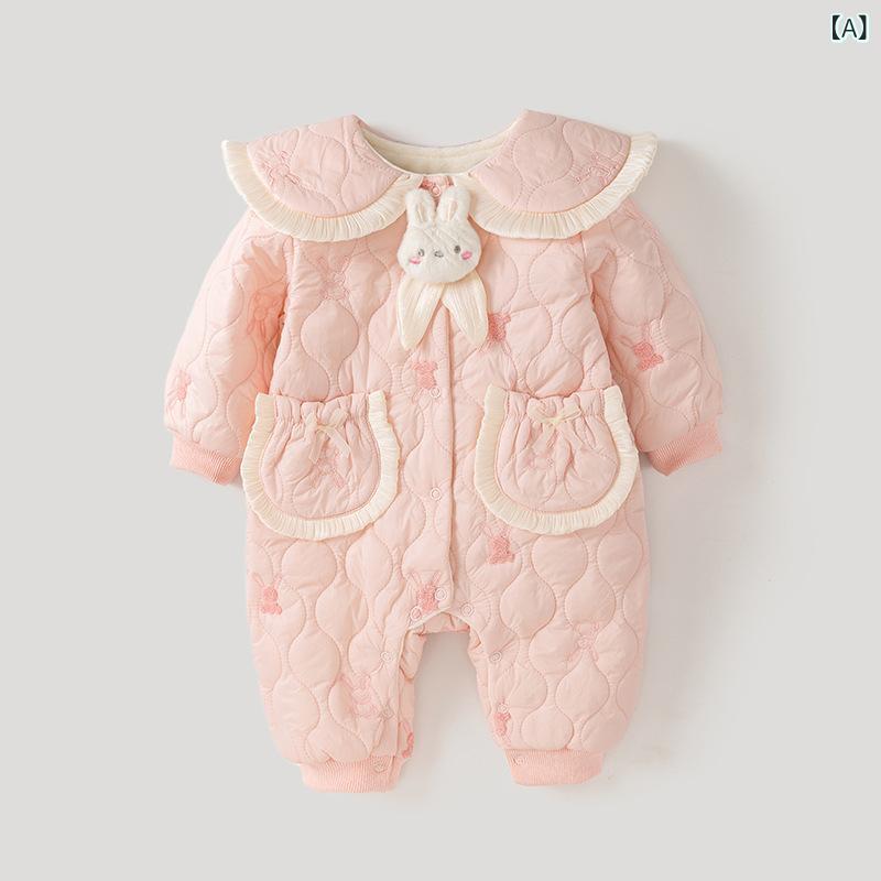 ロンパース 女の子 ベビー 新生児 乳幼児 秋冬 中綿入り 厚手 あったか 防寒 暖かい カバーオール つなぎ 長袖 お出かけ 普段使い ピンク うさぎ