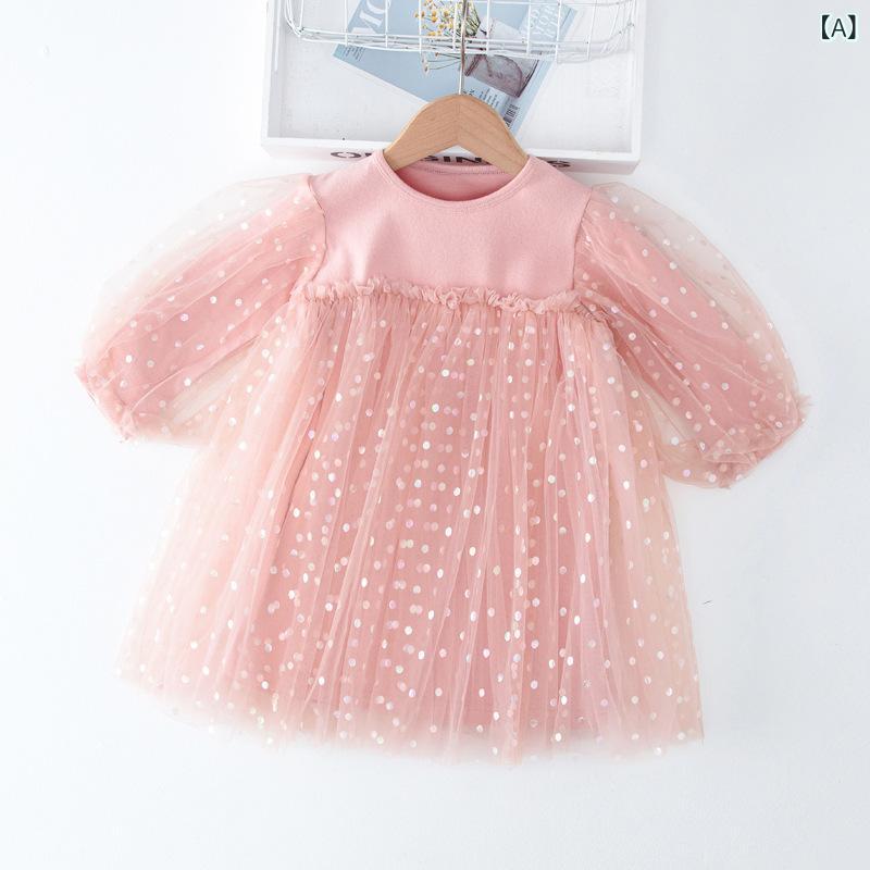 ワンピース 女の子 キッズ ベビー 春秋 長袖 綿 コットン チュール ドット柄 ふんわり プリンセスドレス 韓国風 かわいい おしゃれ お出かけ Aライン