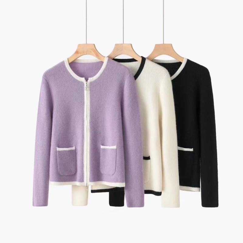 カーディガン レディース カシミヤ ジップアップ 秋冬 ラウンドネック 長袖 ポケット付き 無地 上品 エレガント きれいめ カジュアル 着回し デイリーユース アウター トップス ブラック ホワイト パープル