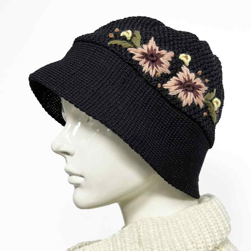 ハット レディース 手刺繍 花柄 レトロ UVカット 紫外線対策 日よけ バケットハット つば広 ニット ポリエステル 普段使い 旅行 アウトドア ブラック ベージュ 春夏秋 帽子