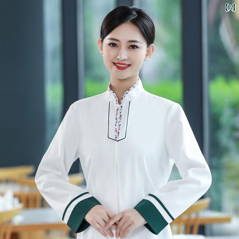 制服 男女兼用 中華料理店 ホールスタッフ サービススタッフ 長袖 作業服 ワークウェア レストラン ホテル 飲食店 厨房 コックコート 防汚 ポリエステル 秋冬 白 黒 グレー 赤