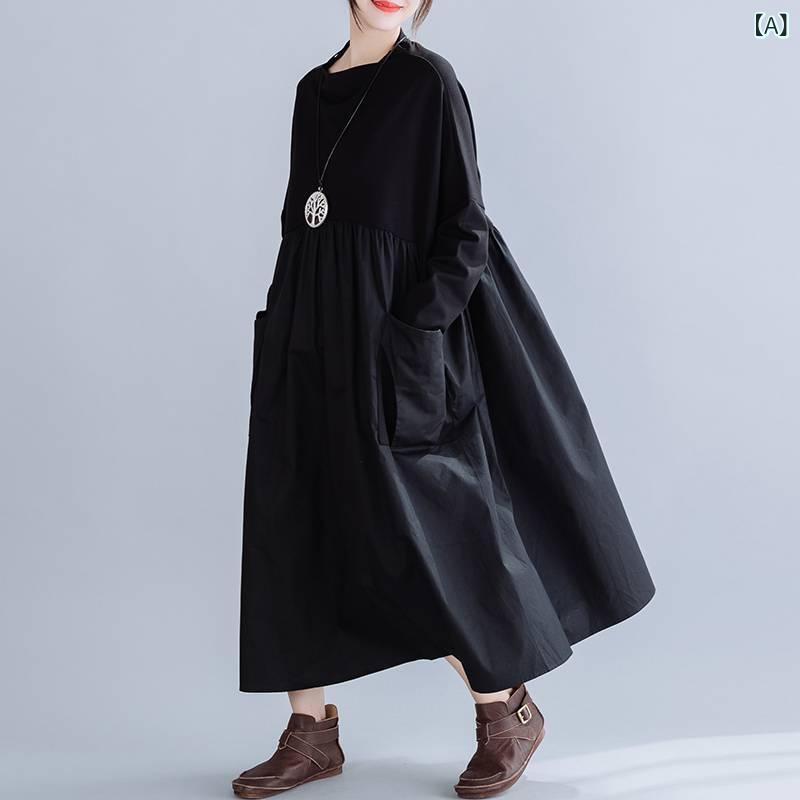 ワンピース レディース 秋冬 ゆるシルエット 大きいサイズ カジュアル ポケット付き 切り替えデザイン ギャザー入り フレアライン ミモレ丈 スタンドカラー 長袖 ブラック 合わせやすい デイリー