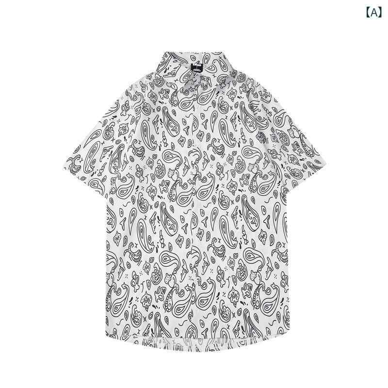 メンズ 半袖 シャツ ショートパンツ ペイズリー柄 レトロ 総柄 ゆったり ルーズフィット 開襟シャツ 開襟デザイン ポリエステル 通気性 軽量 快適 夏用 カジュアル