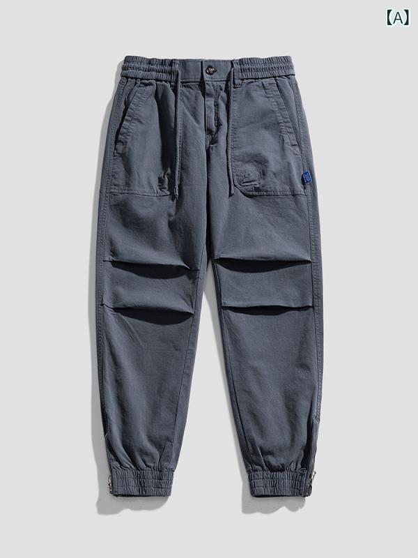 カーゴパンツ メンズ ジョガーパンツ ワークパンツ ズボン 綿 伸縮性 ゆったり ミッドライズ 多ポケット シンプル 無地 裾リブ ストレッチ カジュアル アウトドア ロングパンツ 灰色 黒 緑