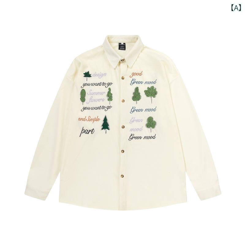 長袖シャツ レディース メンズ 秋季 レトロ 刺繍 襟付き ポリエステル ルーズ カジュアル 植物柄 シンプル おしゃれ 普段着 通学 ワイドシルエット ゆったり 着回し 快適 羽織り 重ね着 軽い 肌触り良い クラシック