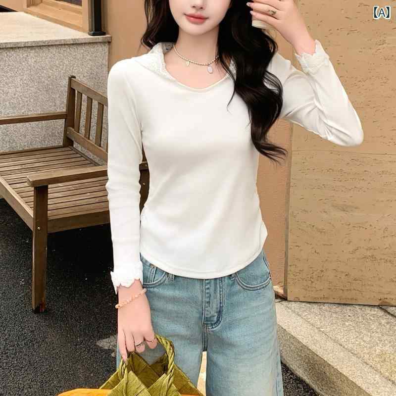 Tシャツ レディース 長袖 Vネック フード付き 切り替え レース トップス 春秋 ポリエステル 無地 きれいめ デザイン性 肌触り良い ゆったり シルエット おしゃれ 通勤 デイリー 快適