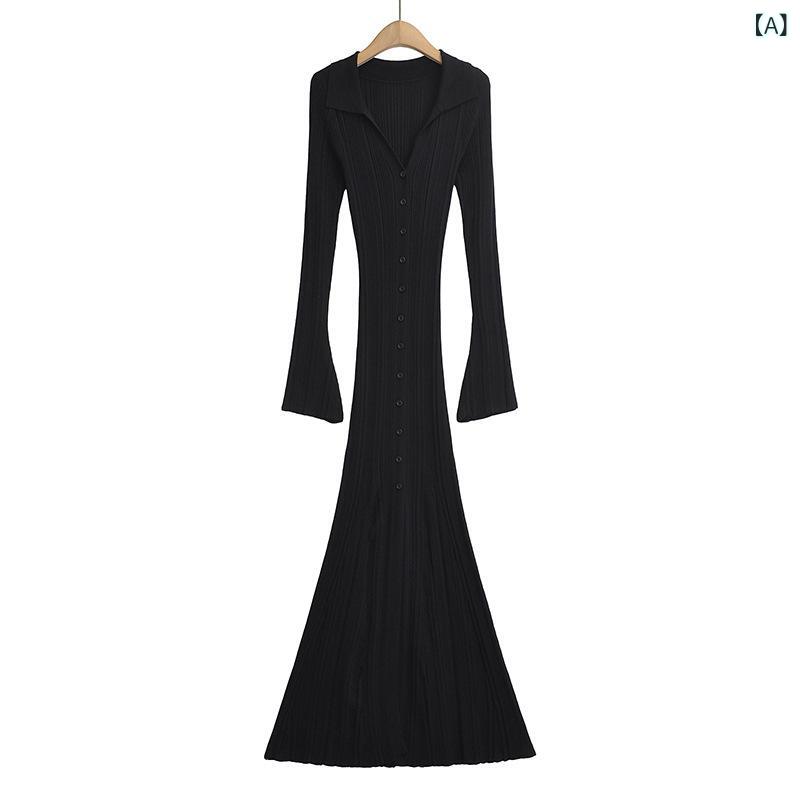 ワンピース レディース ロング丈 ポロ襟 リブニット 切り替え フレアスリーブ フロントボタン タイトシルエット ストレッチ素材 きれいめ 通勤 オフィス 夏 無地 シンプル フェミニン 伸縮性 スマート 膝下丈