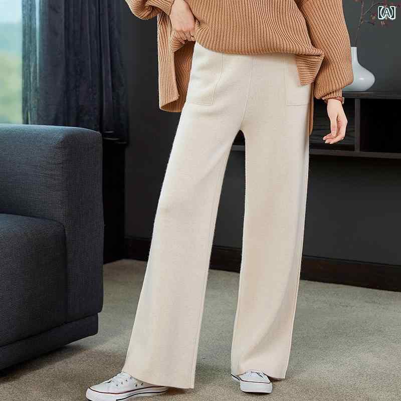 レディース カジュアルパンツ ウール ニット ワイドパンツ ハイウエスト 厚手 ゆったり ストレート ロング丈 エレガント 無地 暖か 秋冬 日常 シンプル 通勤 防寒対策 ボトムス 伸縮性 柔らかい