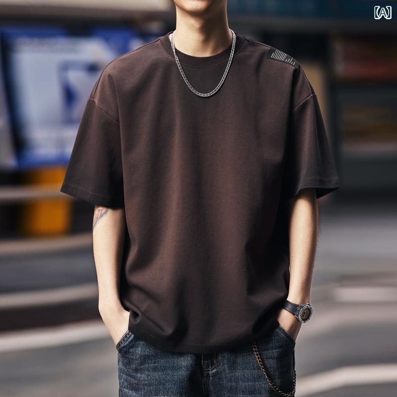 Tシャツ メンズ 半袖 トップス 春夏 綿 厚手 クルーネック オーバーサイズ 無地 通気性 柔らかい 快適 ルーズフィット シンプル カジュアル ビッグシルエット 吸汗速乾
