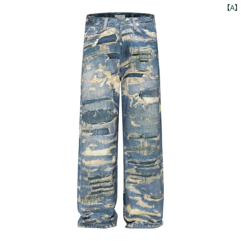 デニムパンツ メンズ ストレートパンツ ルーズシルエット ウォッシュ加工 ヴィンテージ感 総柄プリント コットン素材 街着 カジュアル 都会的 体型カバー ロング丈 ボトムス 春物 ズボン インパクト