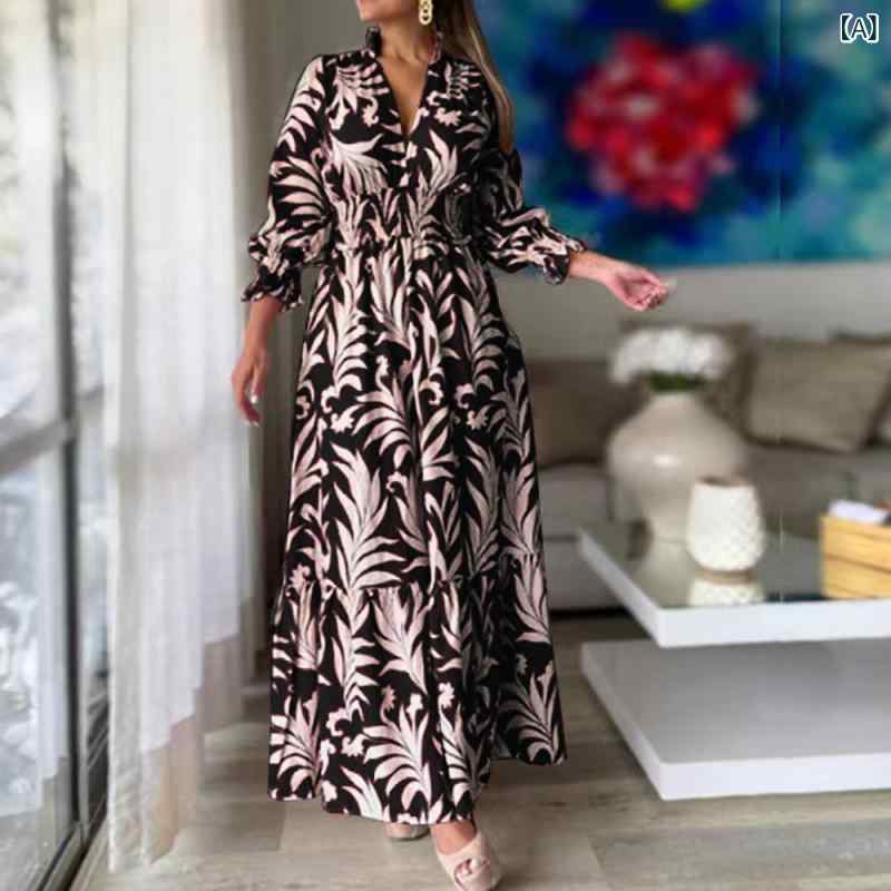 ワンピース レディース 秋冬 ロング丈 ボヘミアン 花柄 長袖 Vネック パフスリーブ ハイウエスト フレアシルエット フェミニン リラックス カジュアル デイリー ナチュラル コットン混 プルオーバー 体型カバー マキシ丈 ゆったり エレガント