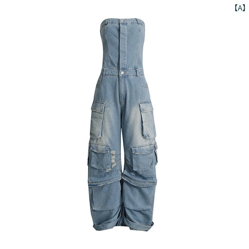 オールインワン レディース デニム ノースリーブ 多ポケット ワイドパンツ ハイウエスト 秋冬 洗い加工 綿混 スタイルアップ ストリート系 ロング丈 無地 シンプル 体型カバー 着痩せ おしゃれ