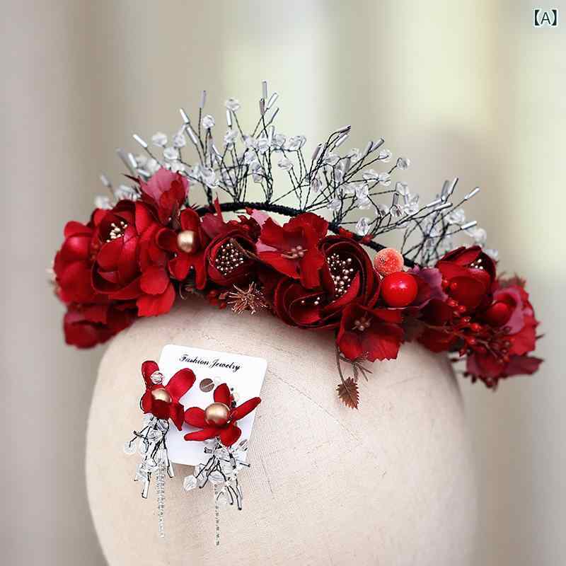 ヘアアクセサリー レディース 赤い花 髪飾り カチューシャ クリスタルビーズ 手作り 花冠 ブライダル パーティー お呼ばれ ドレスアップ 結婚式 披露宴 二次会 華やか おしゃれ ヘアバンド 秋冬