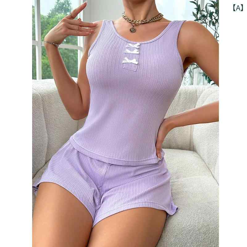 ルームウェア レディース セットアップ パジャマ ノースリーブ ショートパンツ 無地 ラウンドネック リボン セクシー 背中開き 部屋着 通気性 涼しい 快適 柔らかい リラックス 春夏 紫色 ゆったり おうち時間 肌触り良い|Hanbok Home