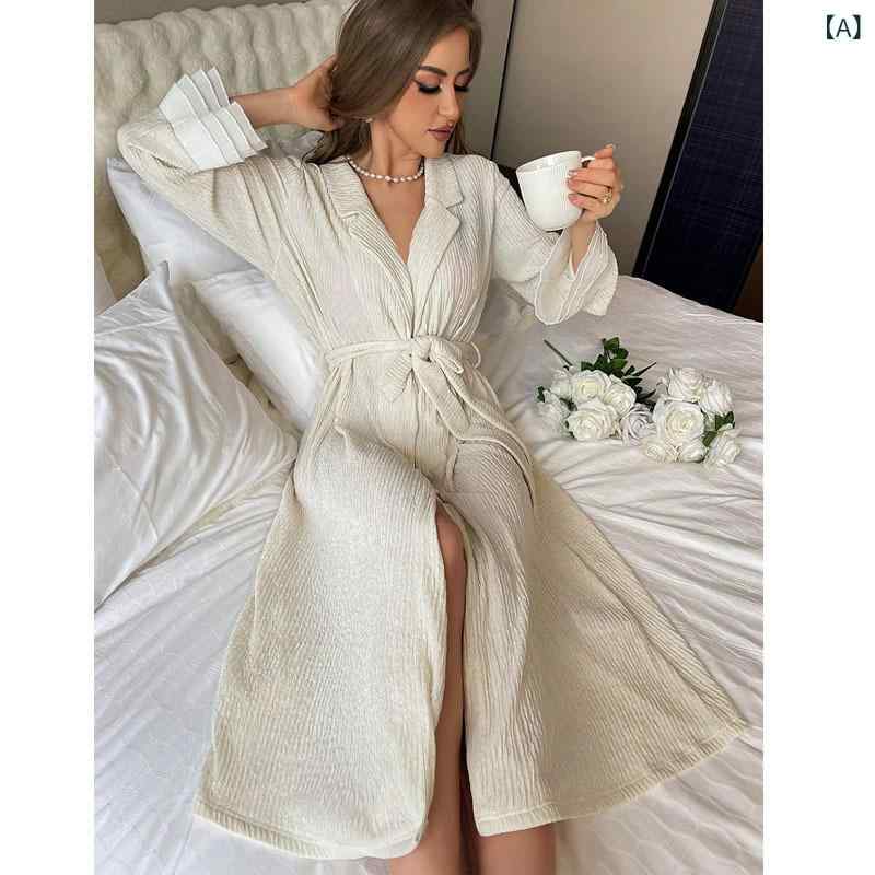 ルームウェア レディース ガウン ロング丈 長袖 Vネック フリル 秋冬 保温性 リボンベルト テクスチャー素材 カジュアル 通気性 快適 ラウンジウェア 無地 シンプル 柔らかい リラックス