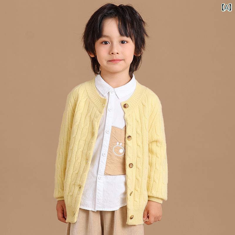 子供服 キッズ カーディガン ケーブル編み 羊毛 厚手 長袖 クルーネック 無地 秋冬 暖かい ニットアウター ボタン留め ゆったりシルエット 伸縮性 通園 通学 柔らかい素材 防寒対策 ナチュラルスタイル 合わせやすい