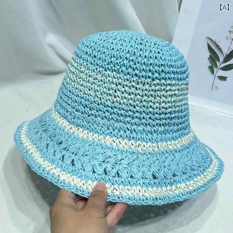 帽子 レディース 手作り 編み込み ストローハット 夏 透かし編み バケットハット ビーチ リゾート 紫外線対策 日よけ 広いつば 通気性 防風 カジュアル かわいい シンプル 無地 折りたたみ