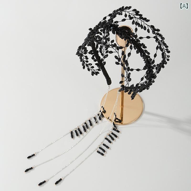 ヘアアクセサリー レディース 手作り ビーズ ヘッドバンド フレンチスタイル メッシュ 透かし彫り タッセル ジルコニア カチューシャ かわいい ウェディング 結婚式 髪飾り パーティー 華やか エレガント
