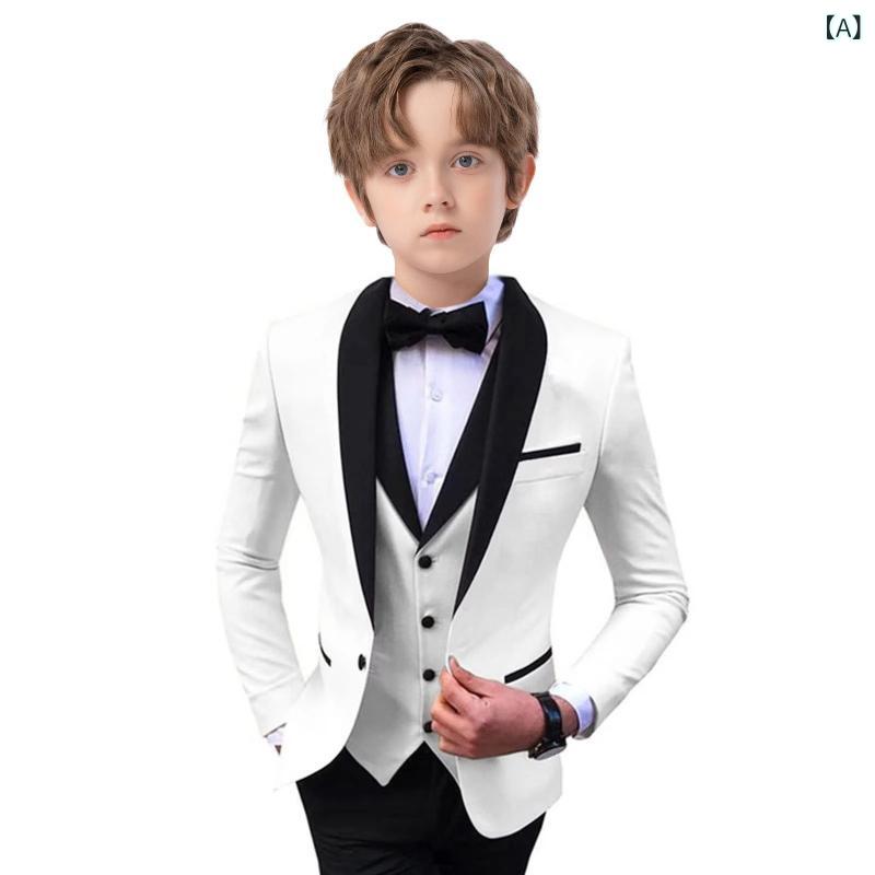 スーツ 男の子 礼服 3点セット ジャケット ベスト パンツ 蝶ネクタイ 誕生日パーティー 舞台衣装 発表会 ピアノ演奏 司会 フォーマル オールシーズン ポリエステル 白 赤 墨緑|Hanbok Home