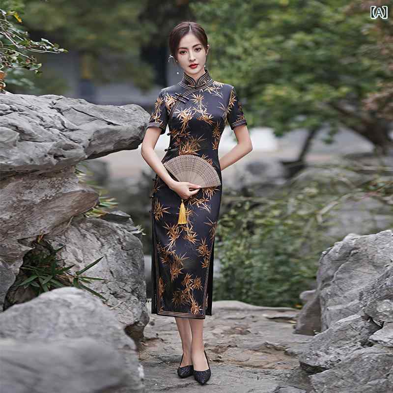 瀬戸もの御召しもの レディース 夏 黒 竹葉柄 真絲 飛び切り感 ロング丈 三分袖 高細長い切口 照明ランプ色つや レトロ 刷り上げる 伸ばすこと ファスナー