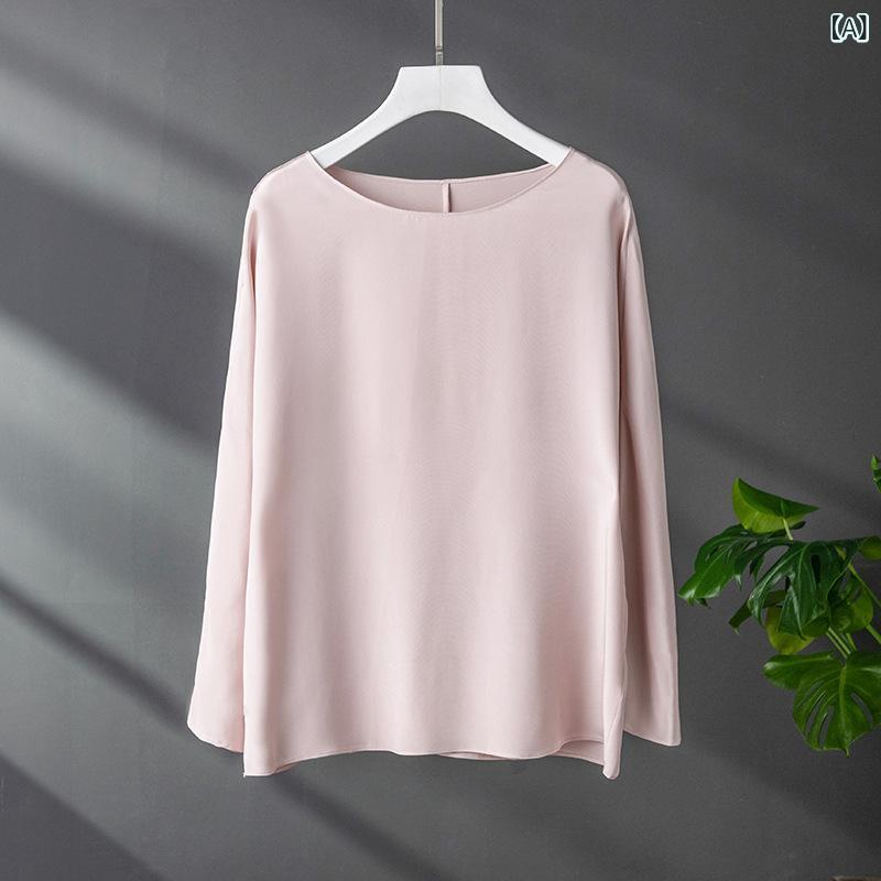 Tシャツ レディース インナー シルク 桑蚕絲 長袖 丸首 プルオーバー ゆったり 通勤 エレガント 切り替え 春 ピンク 緑 ベージュ