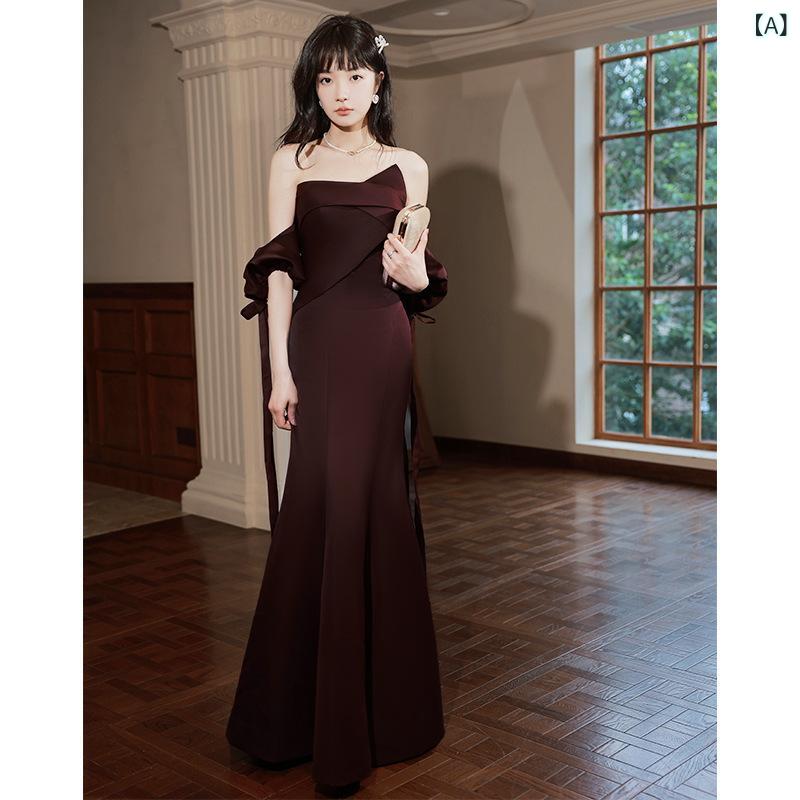 結婚式ドレス レディース 敬酒 ワインレッド マーメイドスカート ストラップレス ハイウエスト ロング ノースリーブ 紐 ポリエステル 高級感 スリム エレガント｜Hanbok Home 7,377円