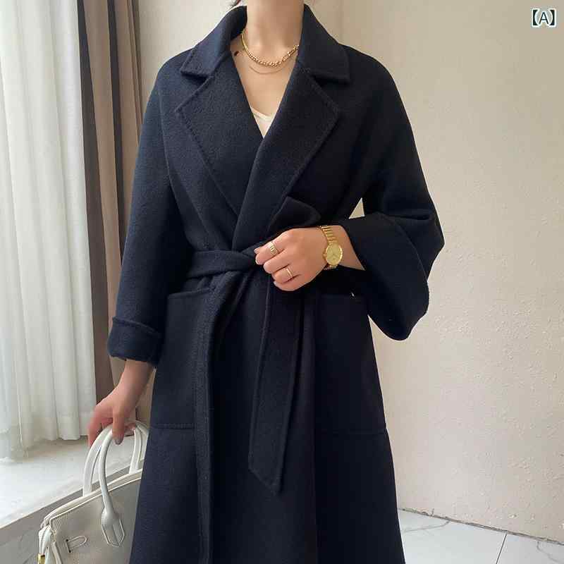 羊毛厚地の外套 レディース ロング丈 絨毛 キャッシュメア混 テーラードカラー 長袖 ルーズフィット 中朦朦たる 無地 隠し シュロの葉留め 雅びやか 普段使い走り 黒 駱駝 サクラ色