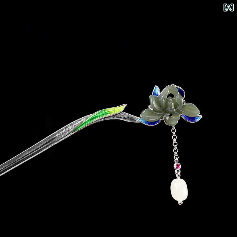 髪飾りつけ レディース しろがね色 翡翆 蓮花 簪 かんざし タッセル 花主題 髪の毛佩び物 執務室 流行り物 今めかしい 普段使い走り 青 赤