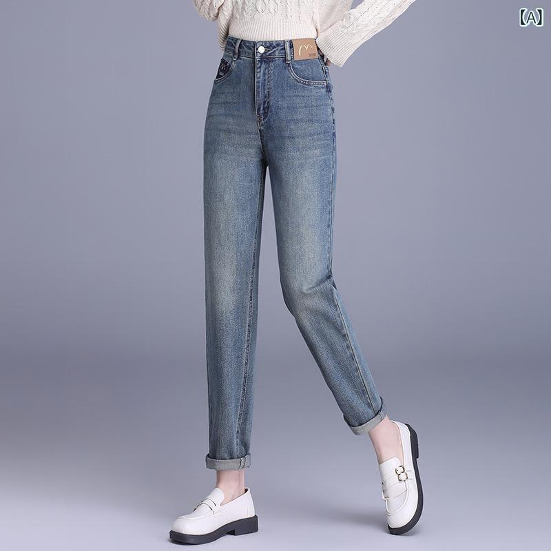 デニムパンツ レディース ハイウエスト クロップド 9分丈 ルーズ ワイドレッグ ストレート ダッドパンツ コットン ストレッチ ブルー ポケット 日韓カジュアル|Hanbok Home