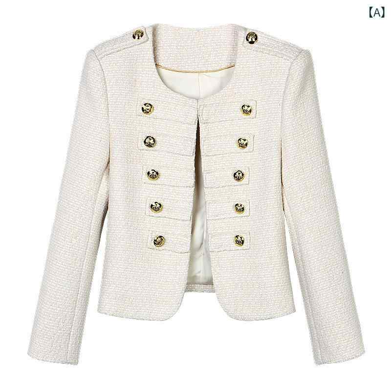 ツイード ジャケット レディース 女性 羊毛 長袖 ストレート袖 丸首 通勤 オフィス 上品 エレガント シック カジュアル 普段使い デザイン 高級感 杏白 レタリング柄 春｜Hanbok Home