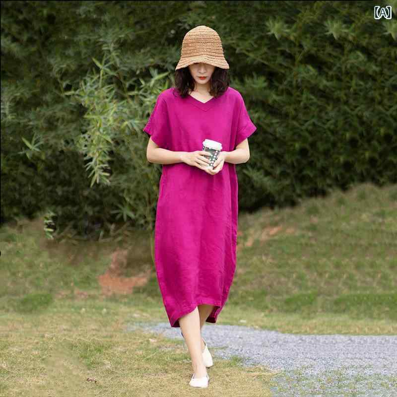 衣装 衣装風 半袖 リネン Vのど首 ラグラン捩り アシメスカート ゆったり 夏 たまり場 無地 キルティング ウォッシュド サクラ色 ラベンダー 心地よい