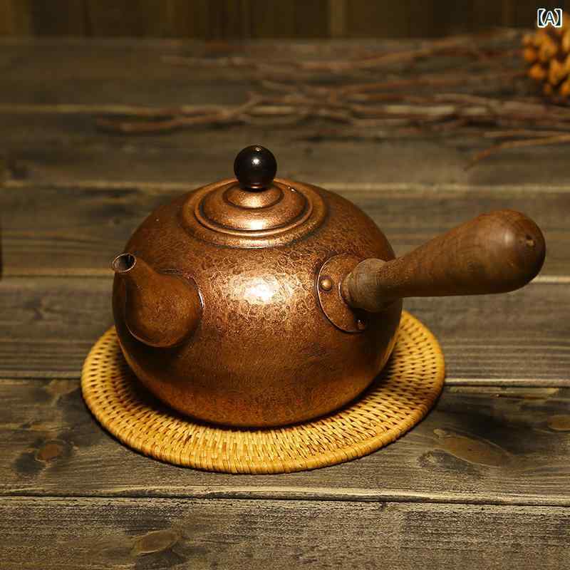 銅壺 飛び切り感 純銅 茶壺 銅ポット 側柄 朦々たる 手作り アンティーク風 レトロ風 ヴィンテージ風 煮茶 湯わかし 茶道 紫銅 青銅 古青銅
