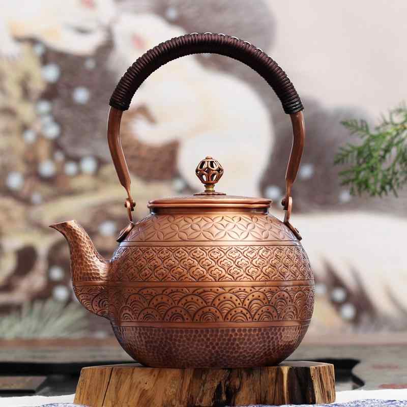 茶壺 工芸 ティーポット 紫銅製 平底 煮茶 泡茶 手作り ハンドメイド 叩き出し 彫刻 金 四福模様 レトロ レトロ 高級感 アンティーク|Hanbok Home